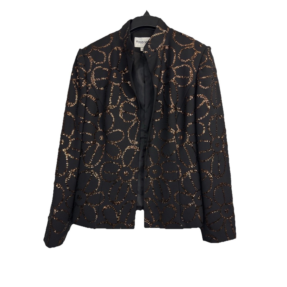 John Meyer Size 6 Black Floral Sequence Beaded Formal Blazer Jacket Open Front